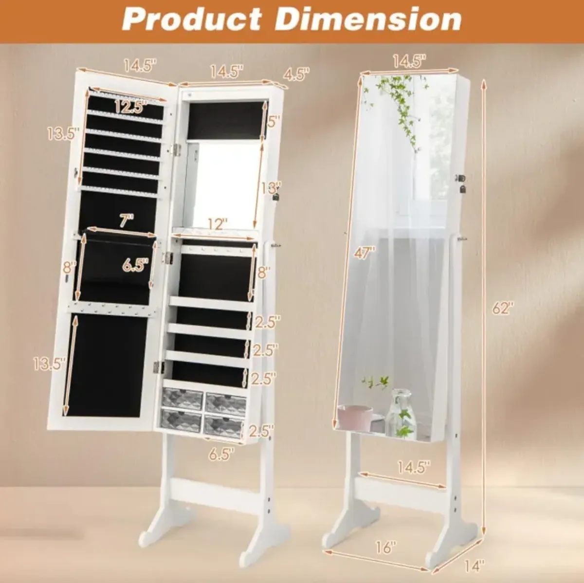 Hivvago Free Standing Full Length Jewelry Armoire with Lights