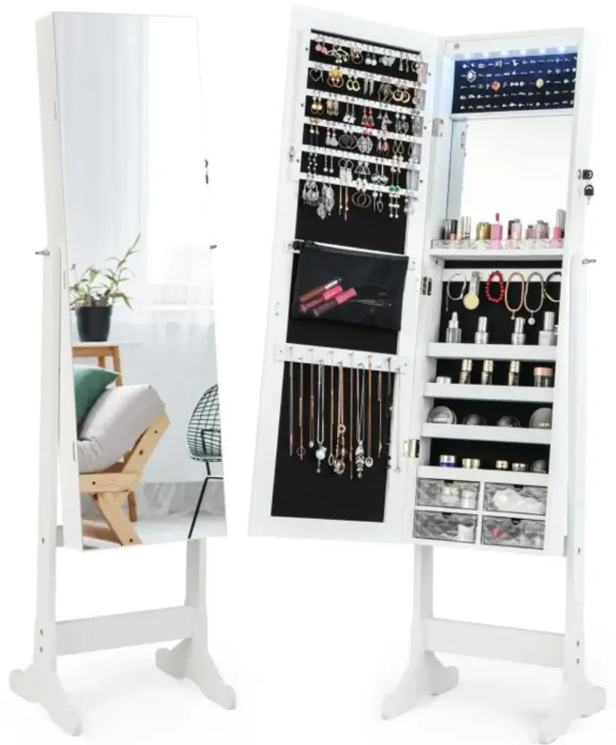 Hivvago Free Standing Full Length Jewelry Armoire with Lights