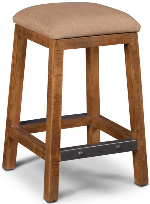 Rustic City 25 in. Natural Oak Backless Wood and Metal Frame Industrial Bar Stool with Beige Upholstered Seat