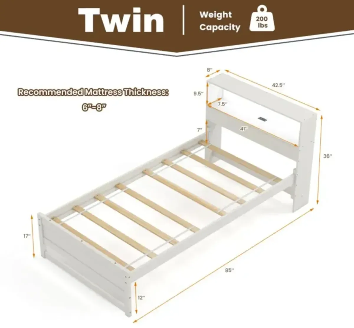 Hivvago Twin Size Bed Frame with Storage Headboard and Charging Station