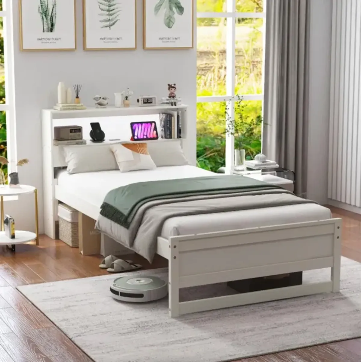 Hivvago Twin Size Bed Frame with Storage Headboard and Charging Station