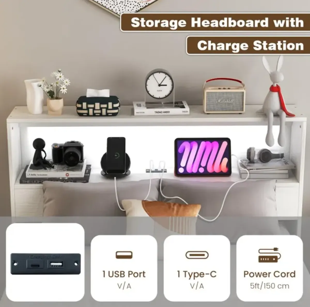 Hivvago Twin Size Bed Frame with Storage Headboard and Charging Station
