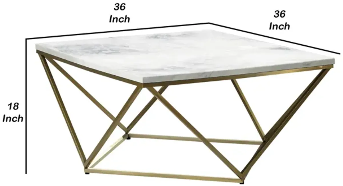 36 Inch Modern Square Coffee Table, White Faux Marble Top, Slender Gold Base-Benzara