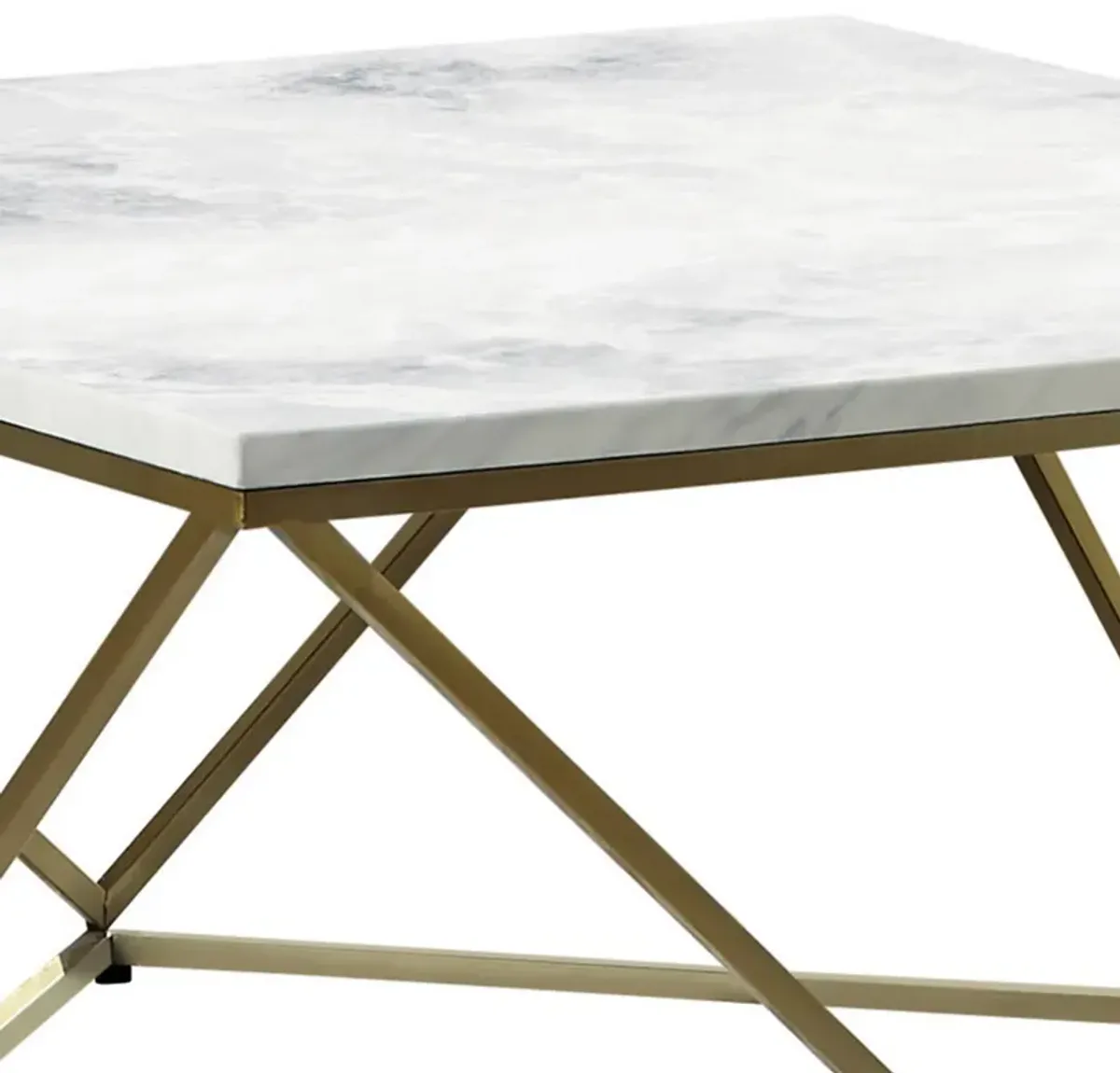 36 Inch Modern Square Coffee Table, White Faux Marble Top, Slender Gold Base-Benzara