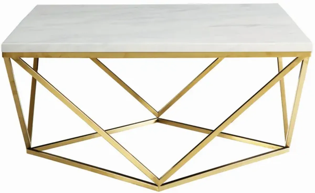 36 Inch Modern Square Coffee Table, White Faux Marble Top, Slender Gold Base-Benzara