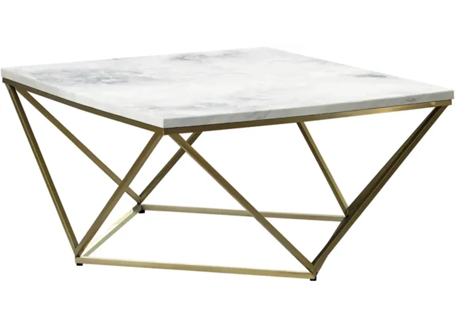 36 Inch Modern Square Coffee Table, White Faux Marble Top, Slender Gold Base-Benzara