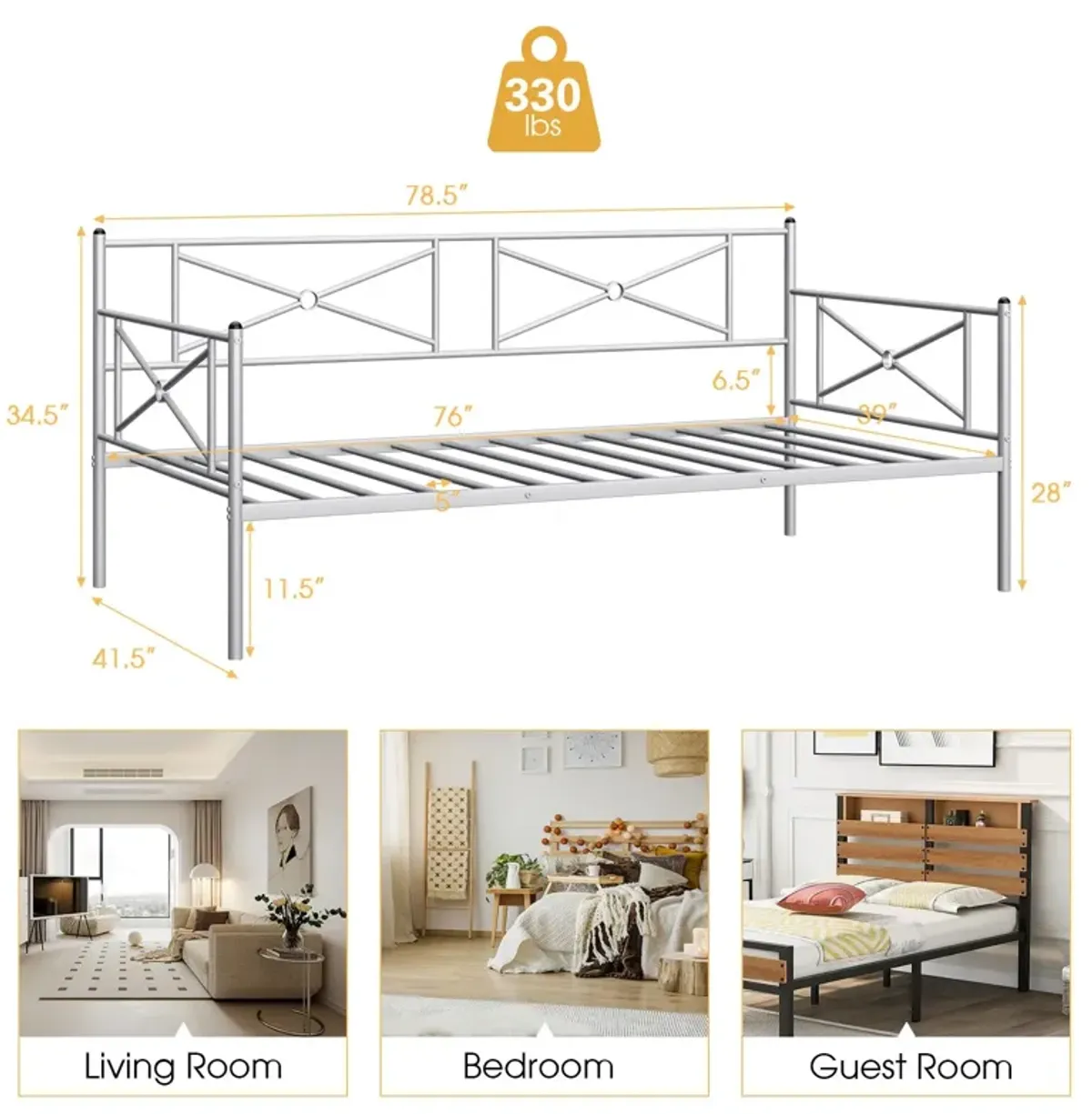 Metal Daybed Twin Bed Frame Stable Steel Slats Sofa Bed-Silver