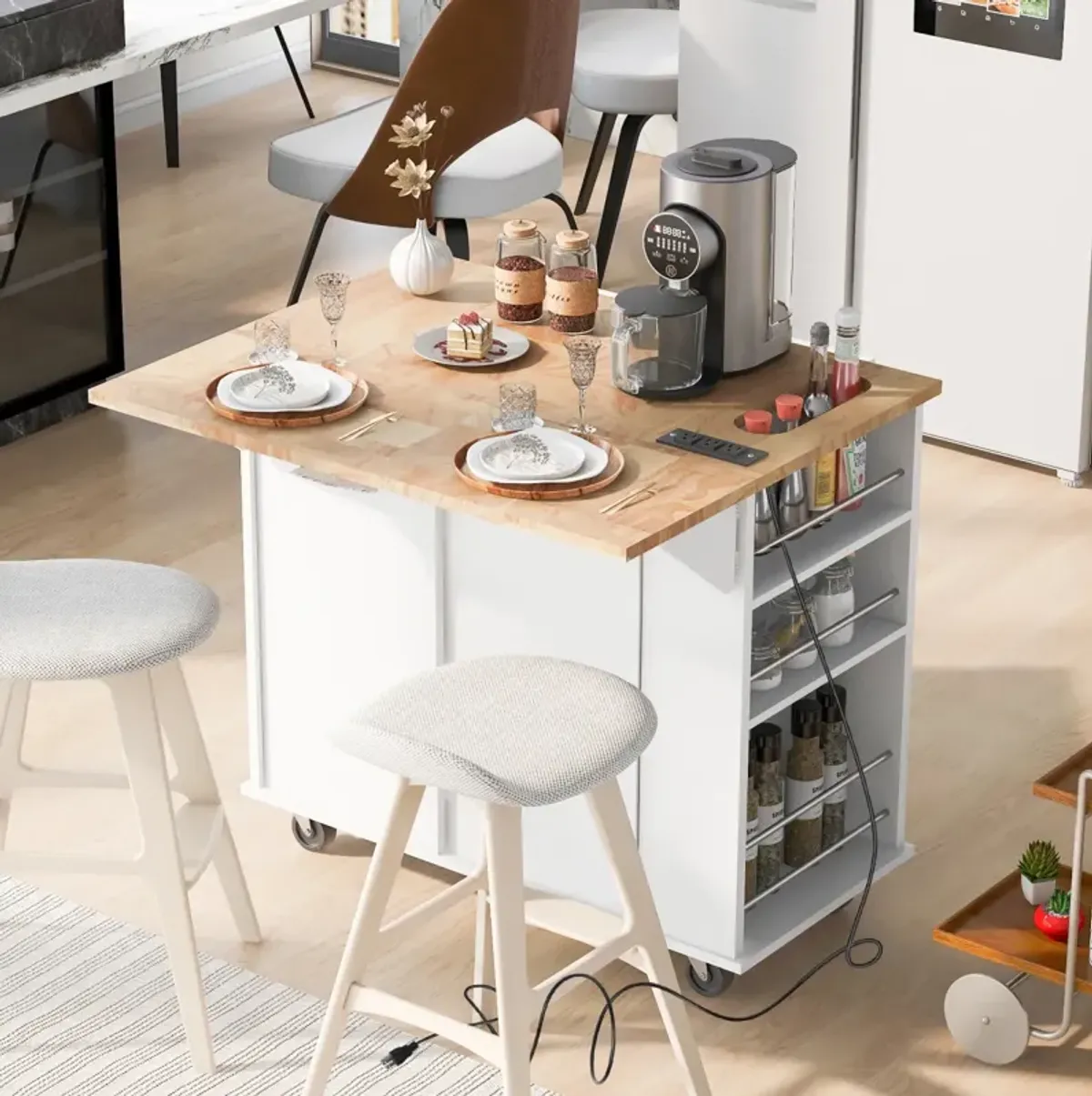 Kitchen Island with Power Outlet and Drop Leaf, White