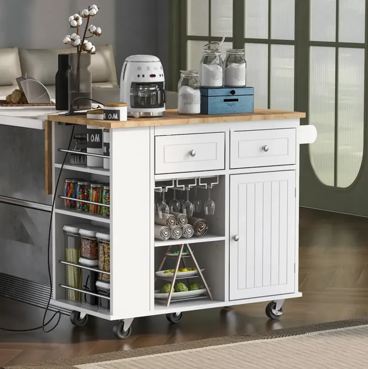 Kitchen Island with Power Outlet and Drop Leaf, White