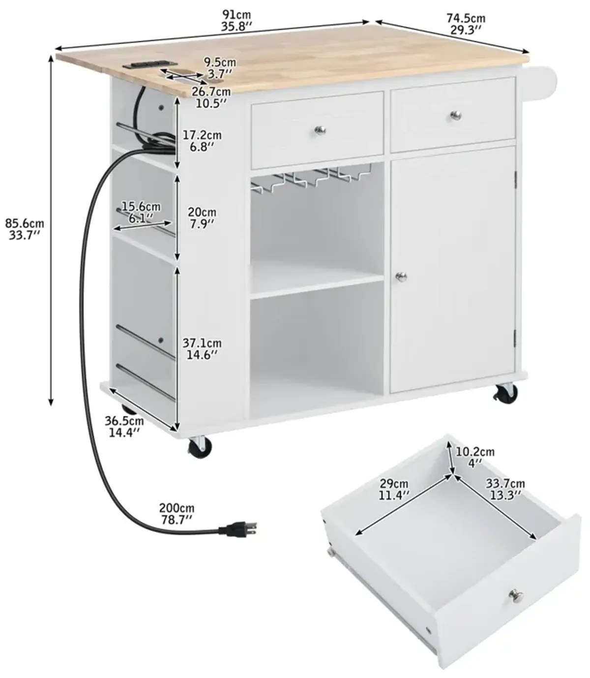 Kitchen Island with Power Outlet and Drop Leaf, White