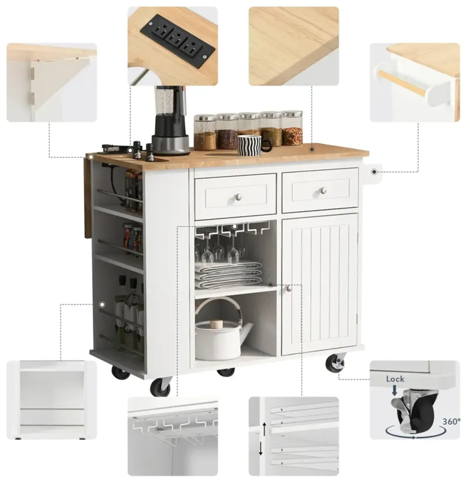 Kitchen Island with Power Outlet and Drop Leaf, White