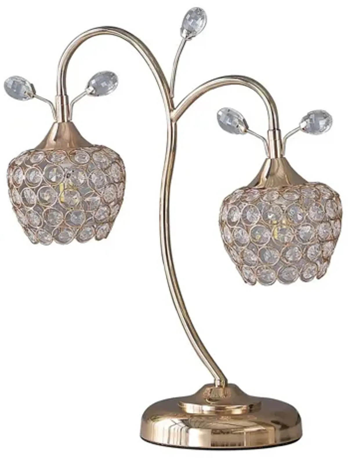 Floral Tree Design Metal Table Lamp with Dome Shade and Crystals, Gold-Benzara