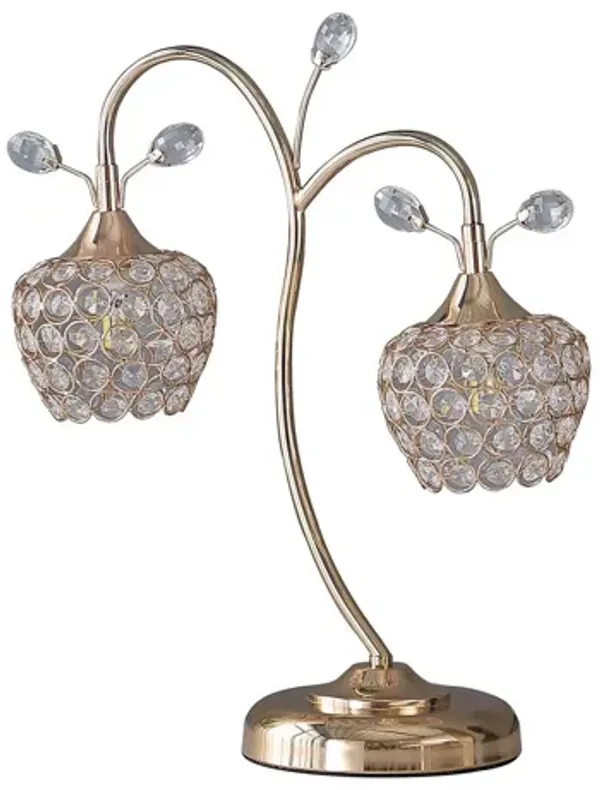 Floral Tree Design Metal Table Lamp with Dome Shade and Crystals, Gold - Benzara