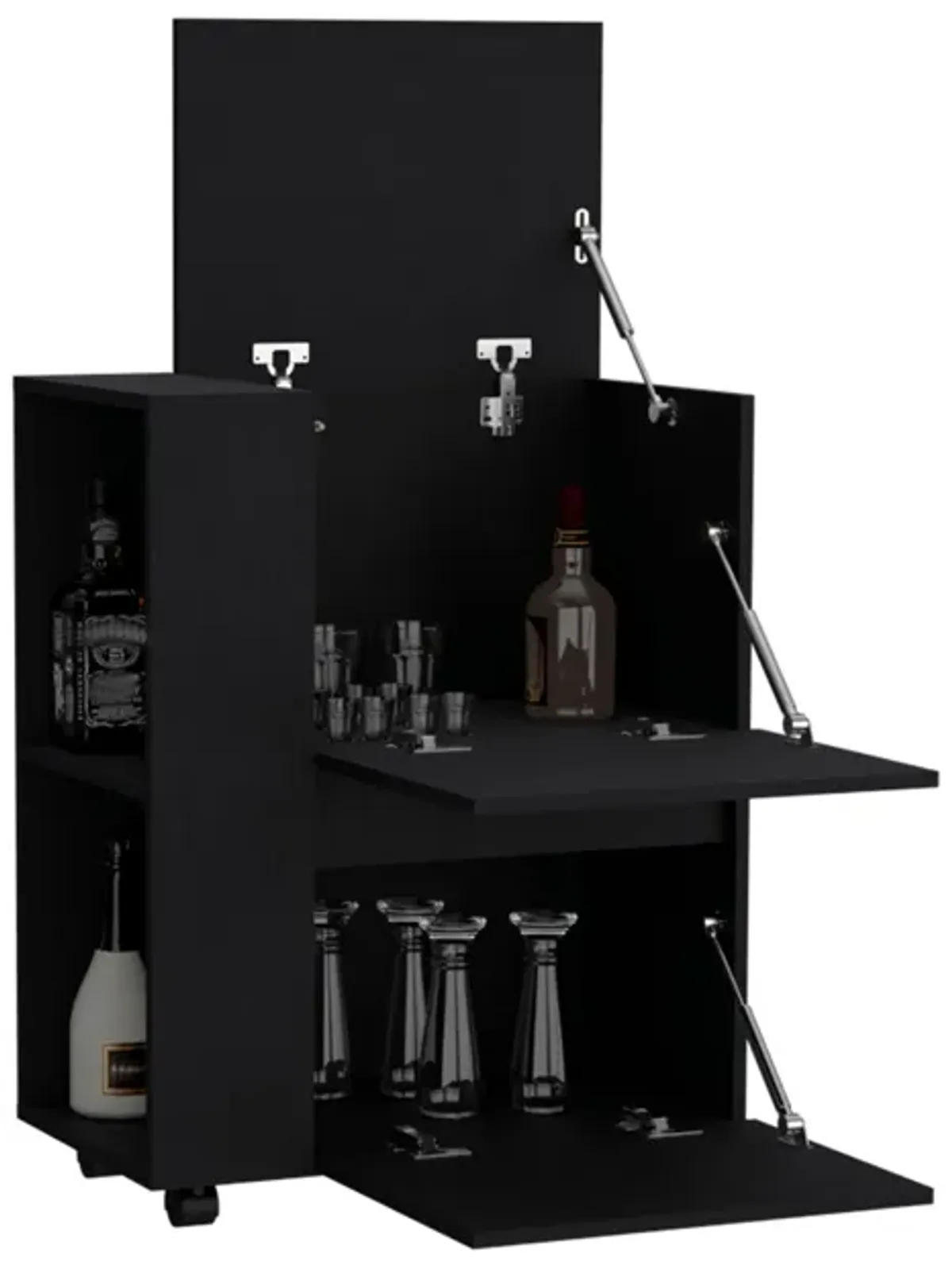 Glasgow Bar Cart Two Pull-Down Door Cabinets and Two Open Shelves