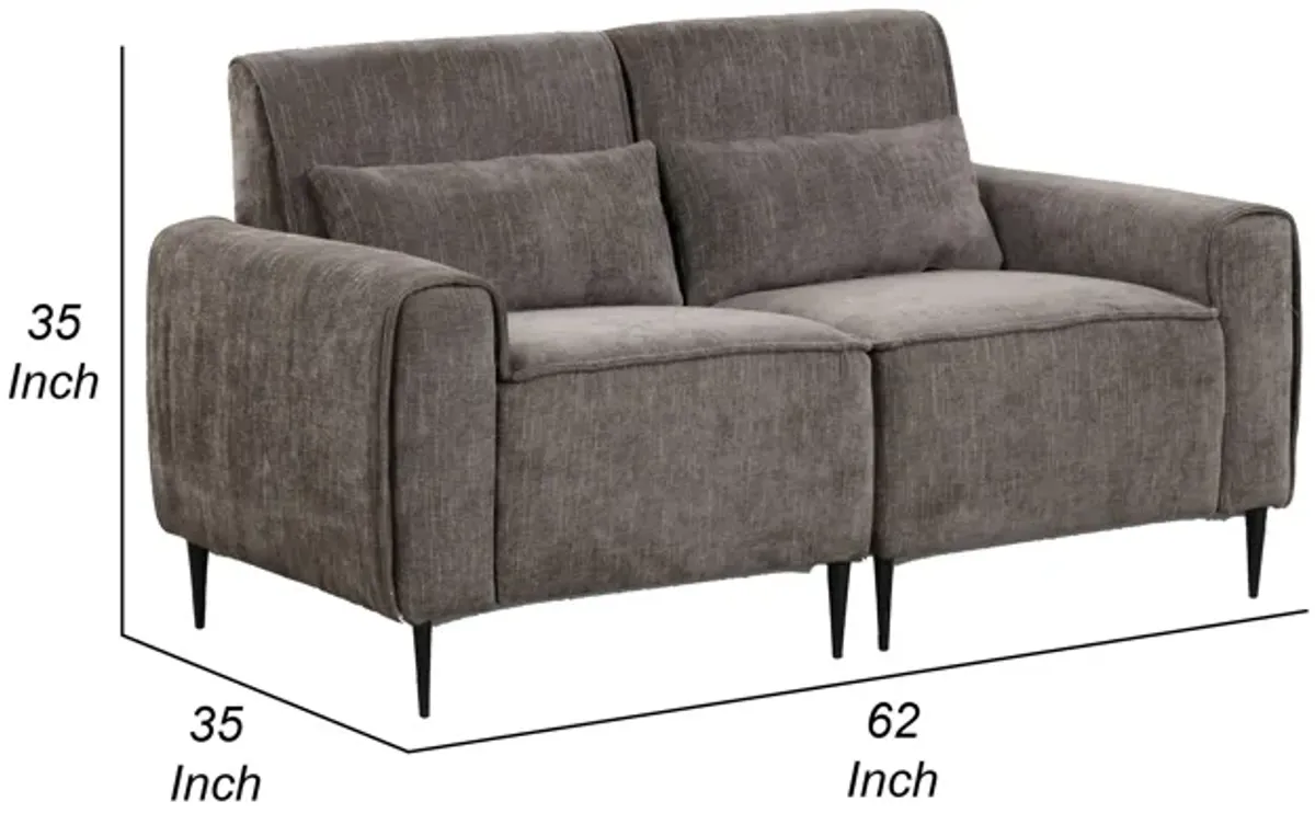 Tiu 62 Inch Loveseat with 2 Lumbar Pillows, Gray Chenille, Solid Wood - Benzara