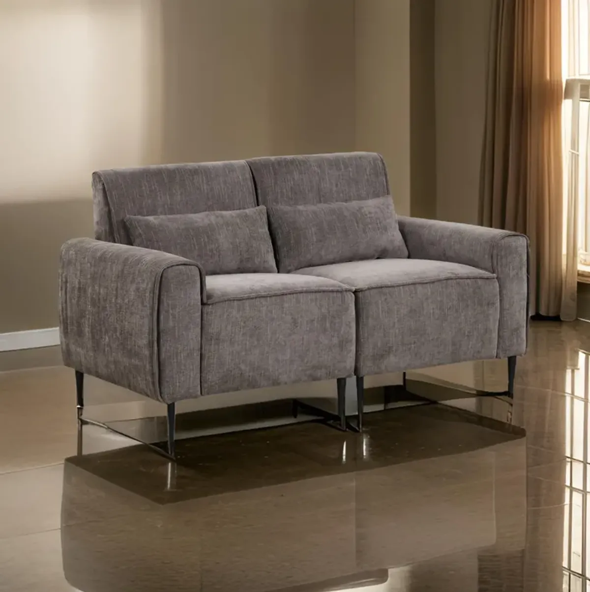 Tiu 62 Inch Loveseat with 2 Lumbar Pillows, Gray Chenille, Solid Wood - Benzara