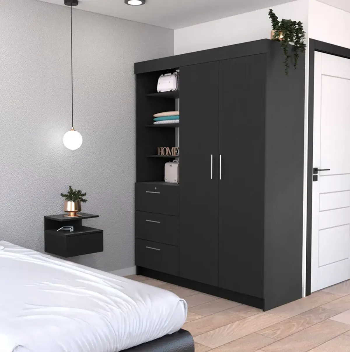 Kenya 2 Piece Bedroom Set, Armoire + Nightstand, Black