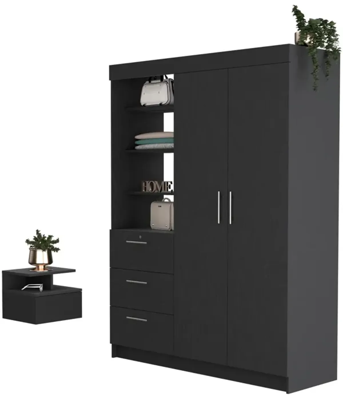 Kenya 2 Piece Bedroom Set, Armoire + Nightstand, Black