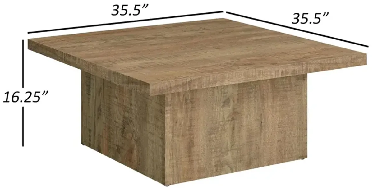 Benjara Zet 36 Inch Square Coffee Table with Oversized Block Base, Mango Brown