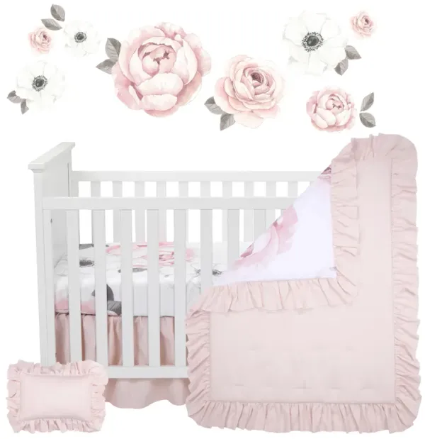 Lambs & Ivy Floral Garden Watercolor/Pink Linen 5-Piece Baby Crib Bedding Set