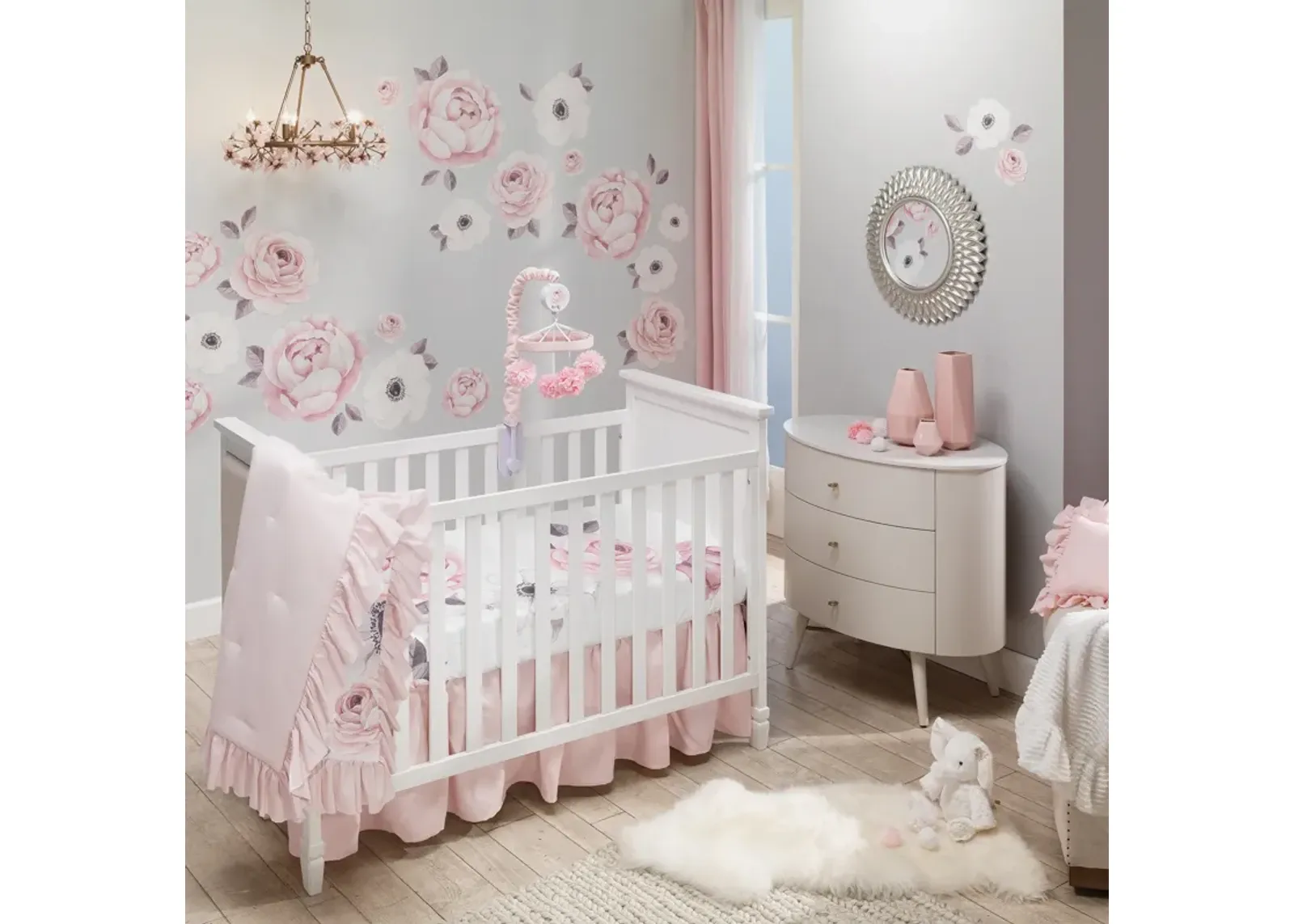 Lambs & Ivy Floral Garden Watercolor/Pink Linen 5-Piece Baby Crib Bedding Set