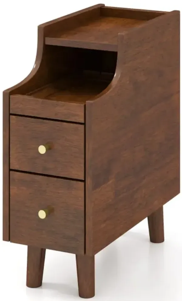 Hivvago Solid Wood End Table Narrow Bedside Table with Pull-out Tray and 2 Storage Drawers