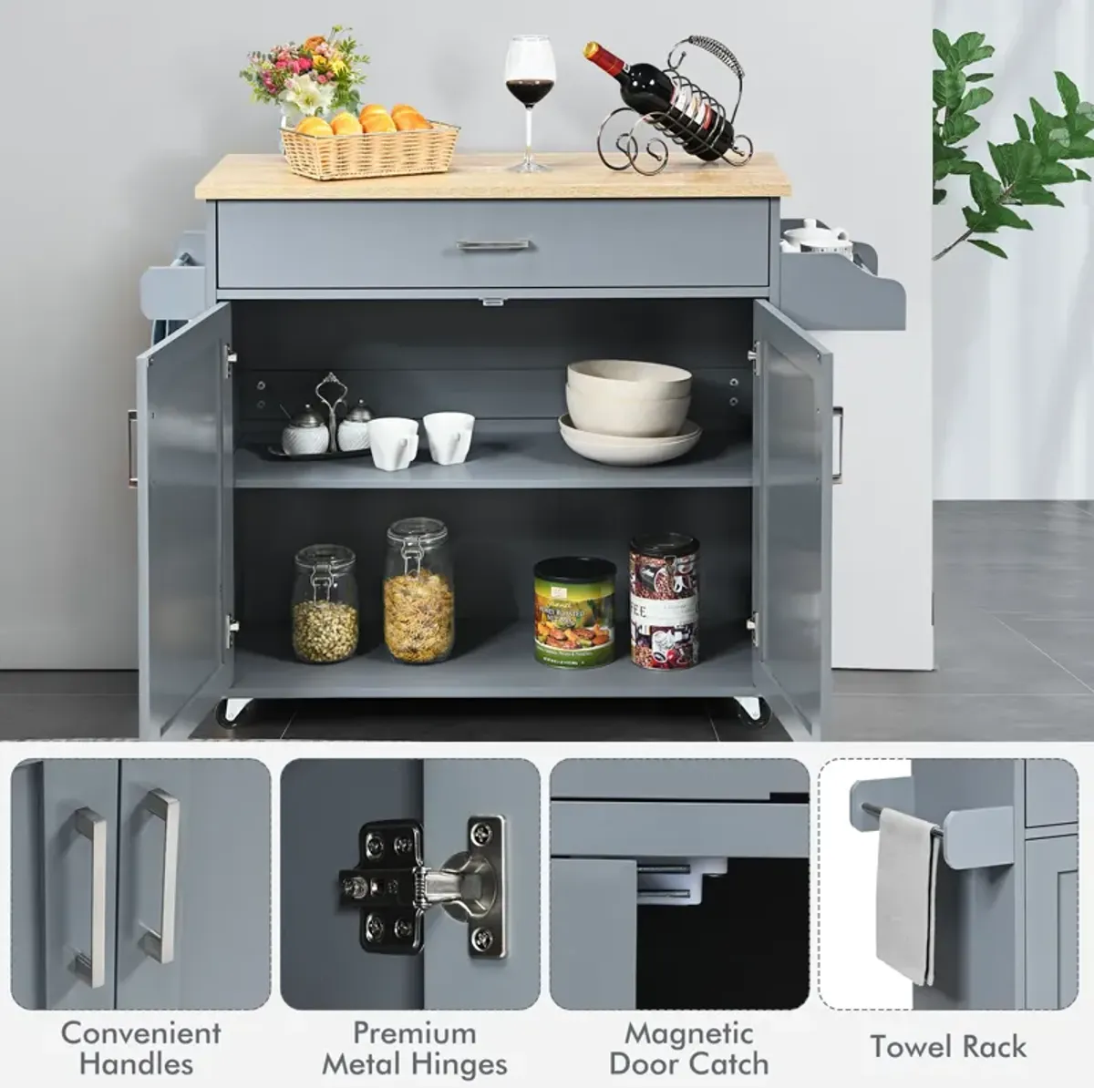 Rolling Kitchen Island Cart with Towel and Spice Rack