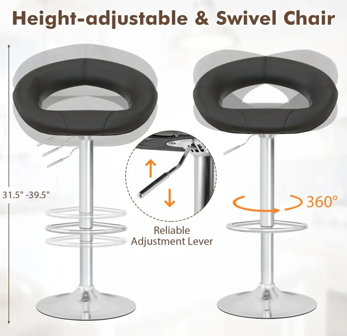 Set of 2 Bar Stools Adjustable PU Leather Swivel Chairs