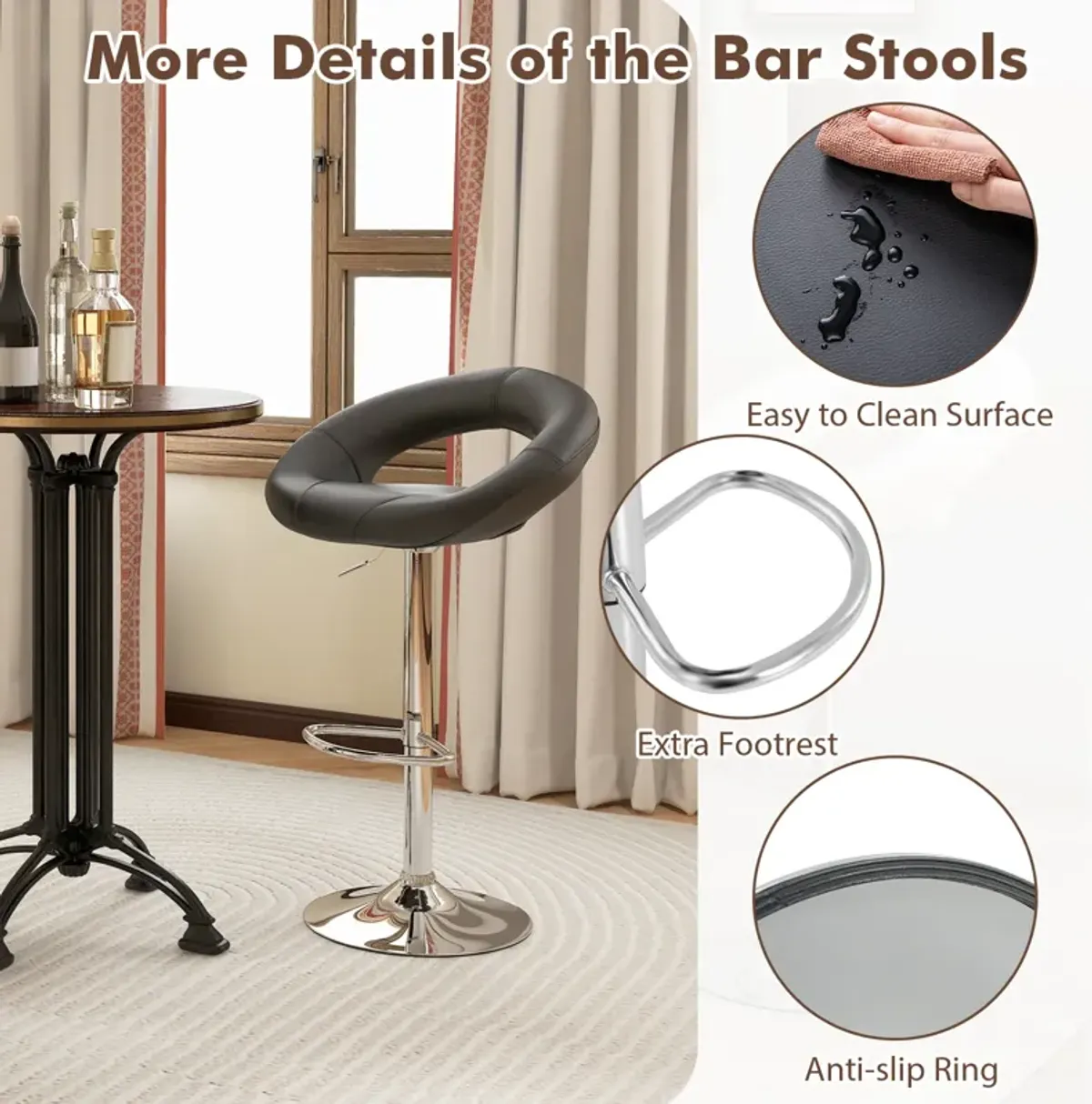 Set of 2 Bar Stools Adjustable PU Leather Swivel Chairs