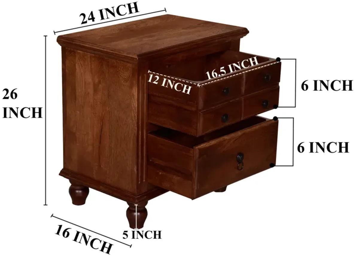 26 Inch Handcrafted Nightstand, 2 Drawers, Black Powder Coated Knobs, Walnut Brown Mango Wood - Benzara