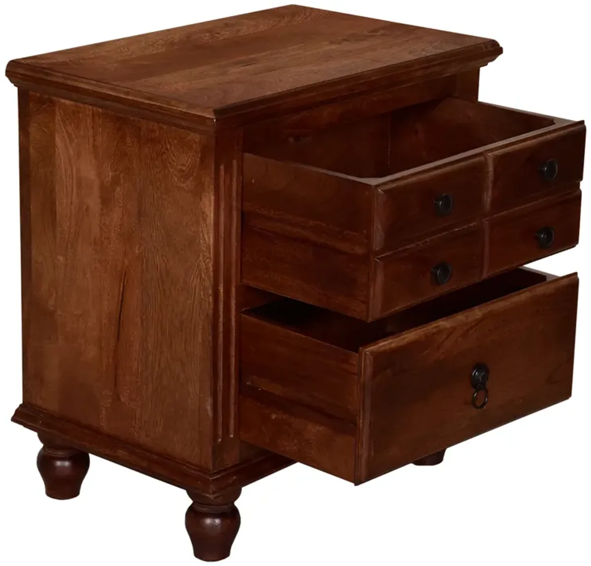 26 Inch Handcrafted Nightstand, 2 Drawers, Black Powder Coated Knobs, Walnut Brown Mango Wood - Benzara