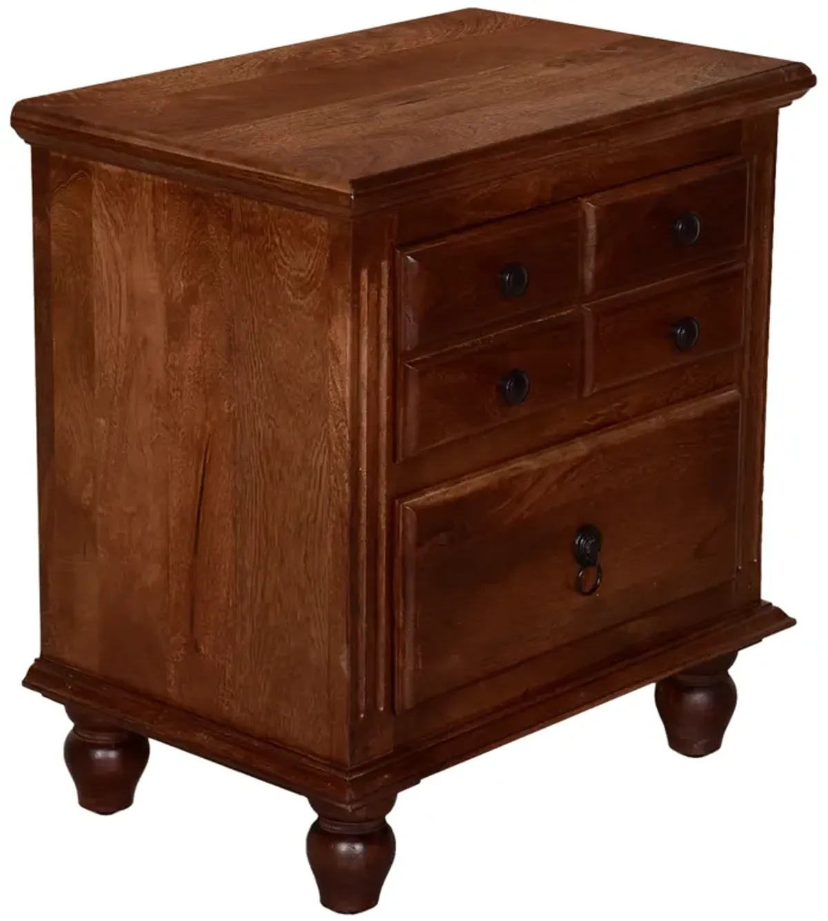 26 Inch Handcrafted Nightstand, 2 Drawers, Black Powder Coated Knobs, Walnut Brown Mango Wood - Benzara