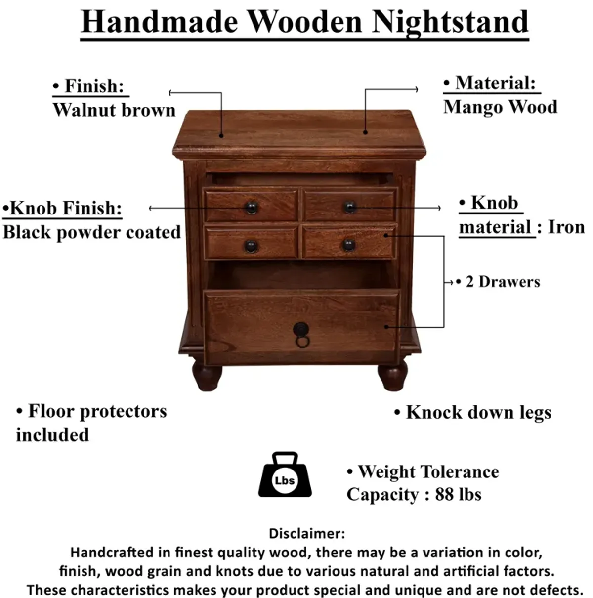 26 Inch Handcrafted Nightstand, 2 Drawers, Black Powder Coated Knobs, Walnut Brown Mango Wood - Benzara