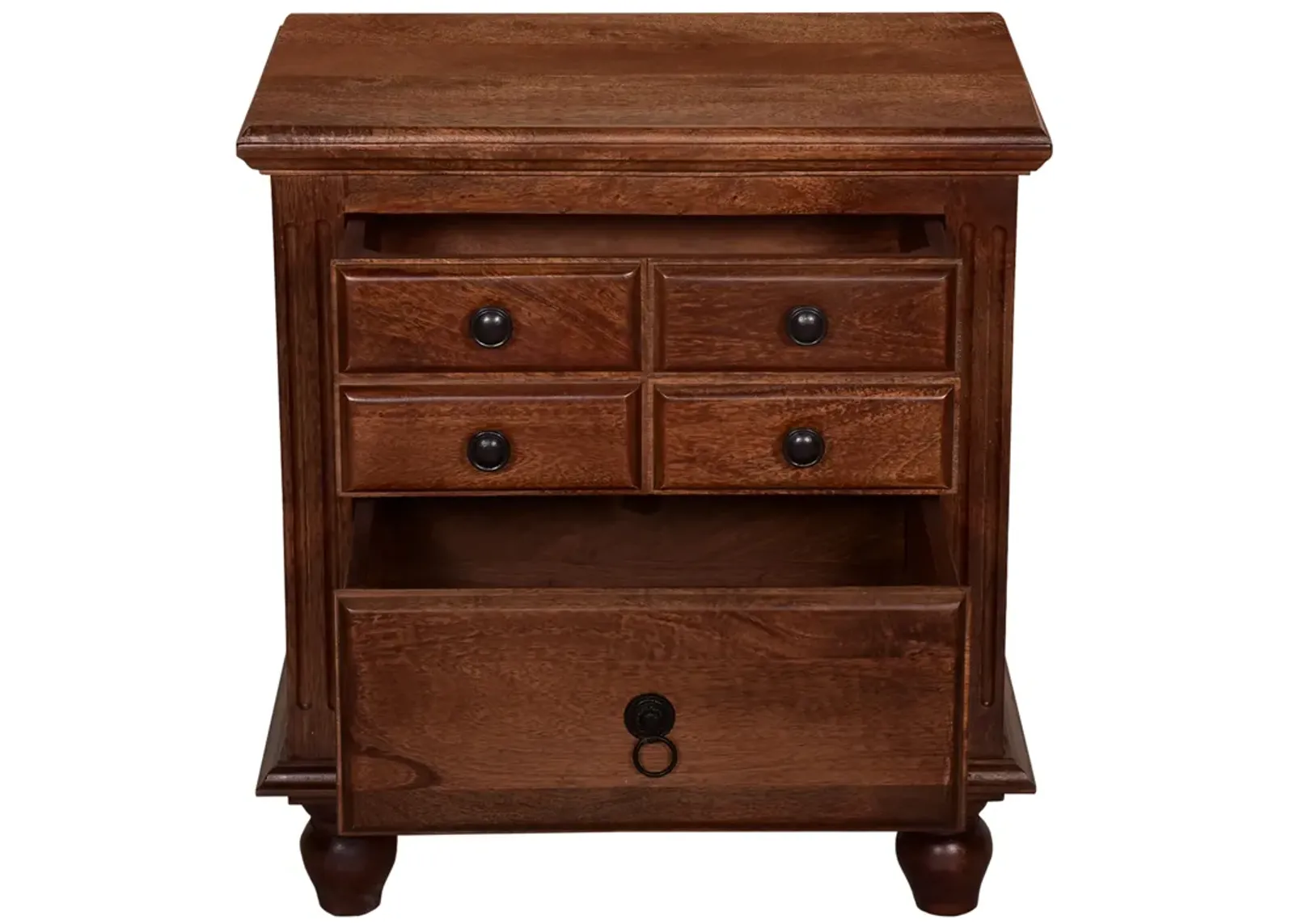 26 Inch Handcrafted Nightstand, 2 Drawers, Black Powder Coated Knobs, Walnut Brown Mango Wood - Benzara