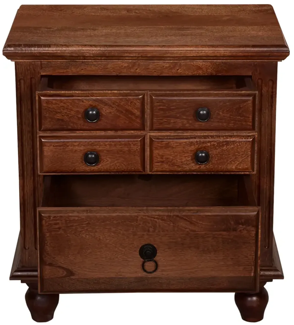 26 Inch Handcrafted Nightstand, 2 Drawers, Black Powder Coated Knobs, Walnut Brown Mango Wood - Benzara