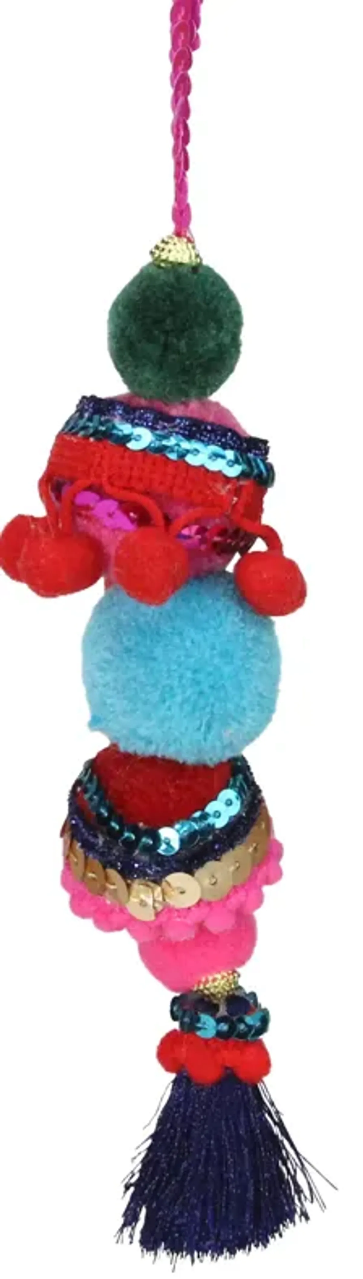 6.25" Blue and Red Bohemian Christmas Pom Pom Ornament