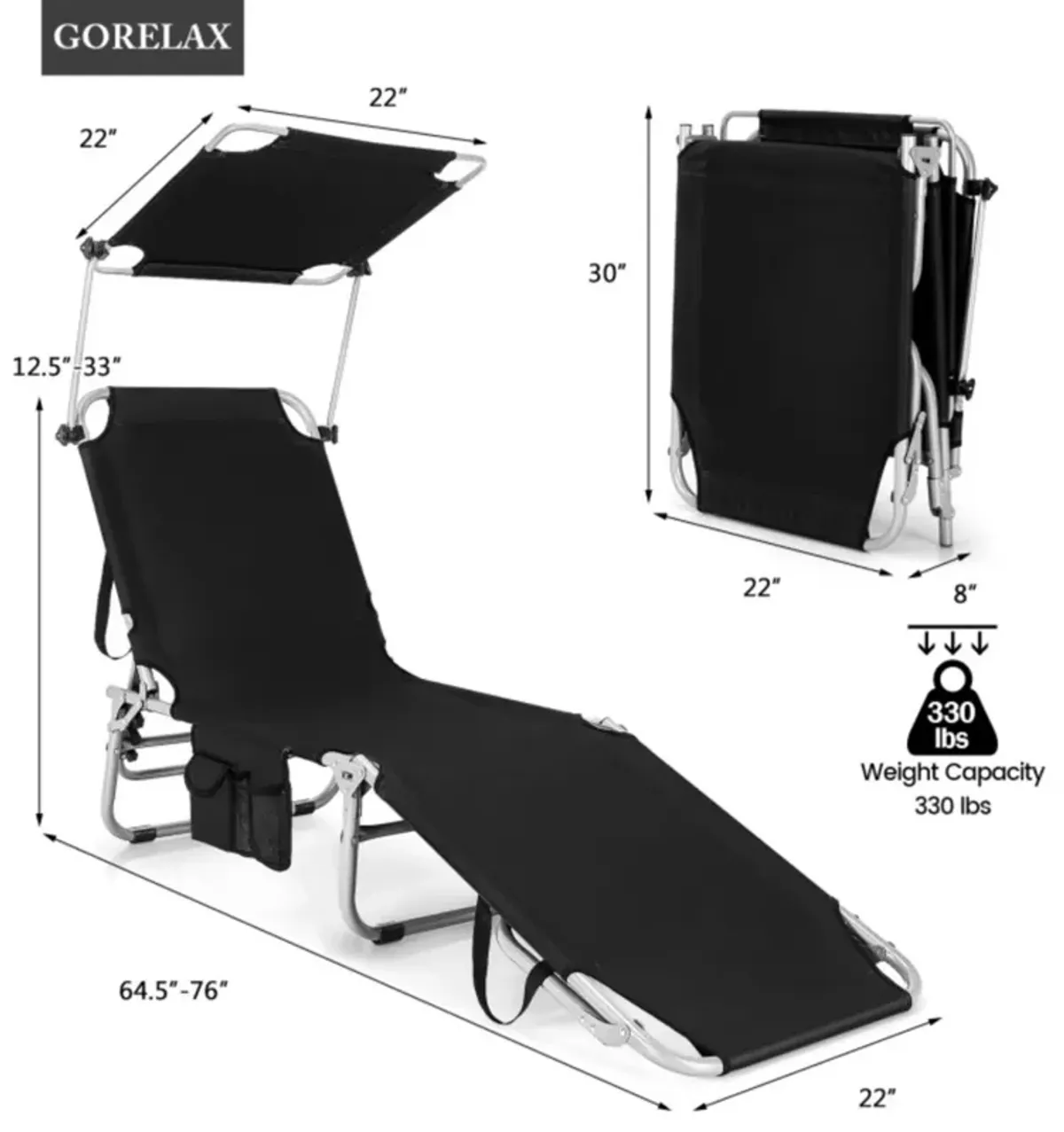 Hivvago Adjustable Outdoor Beach Patio Pool Recliner with Sun Shade