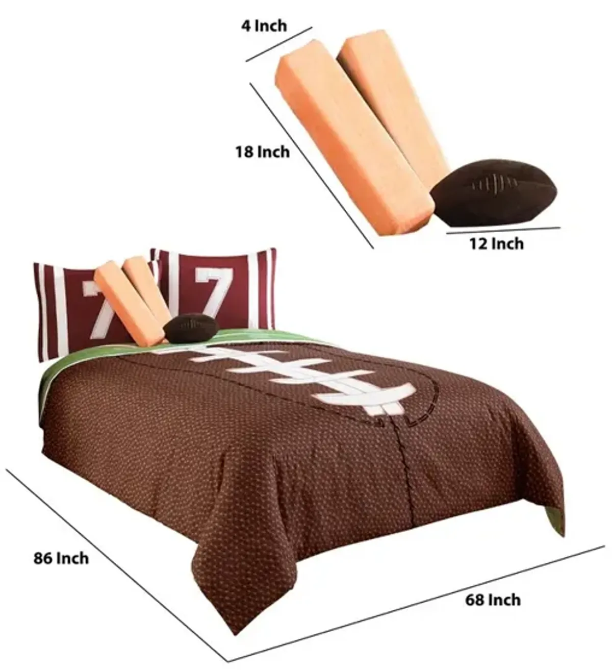 5 Piece Twin Comforter Set with Football Field Print, Brown and Green - Benzara