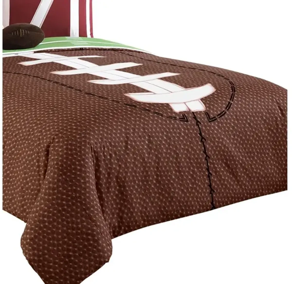 5 Piece Twin Comforter Set with Football Field Print, Brown and Green - Benzara