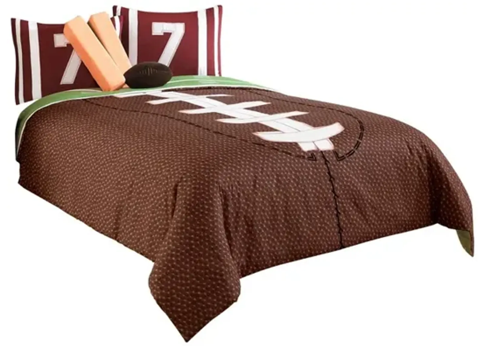 5 Piece Twin Comforter Set with Football Field Print, Brown and Green - Benzara