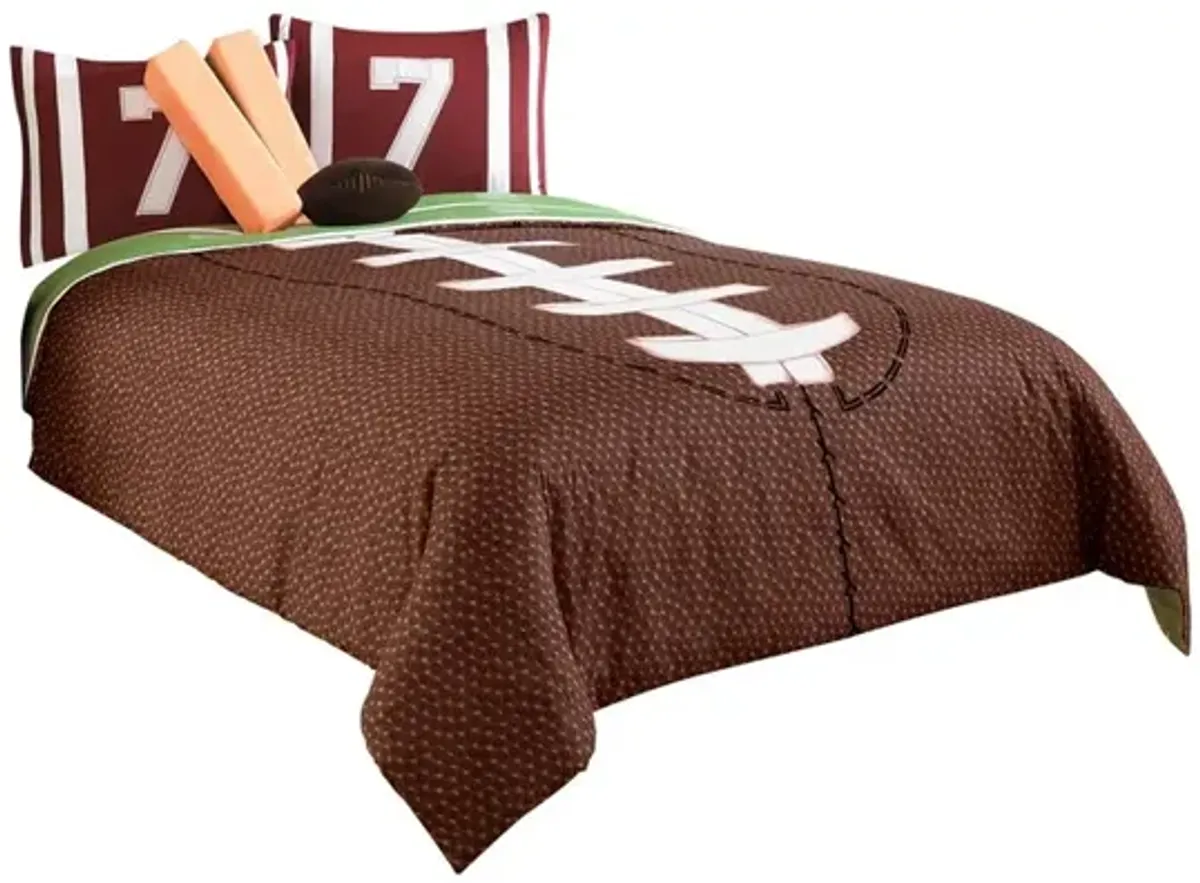 5 Piece Twin Comforter Set with Football Field Print, Brown and Green - Benzara