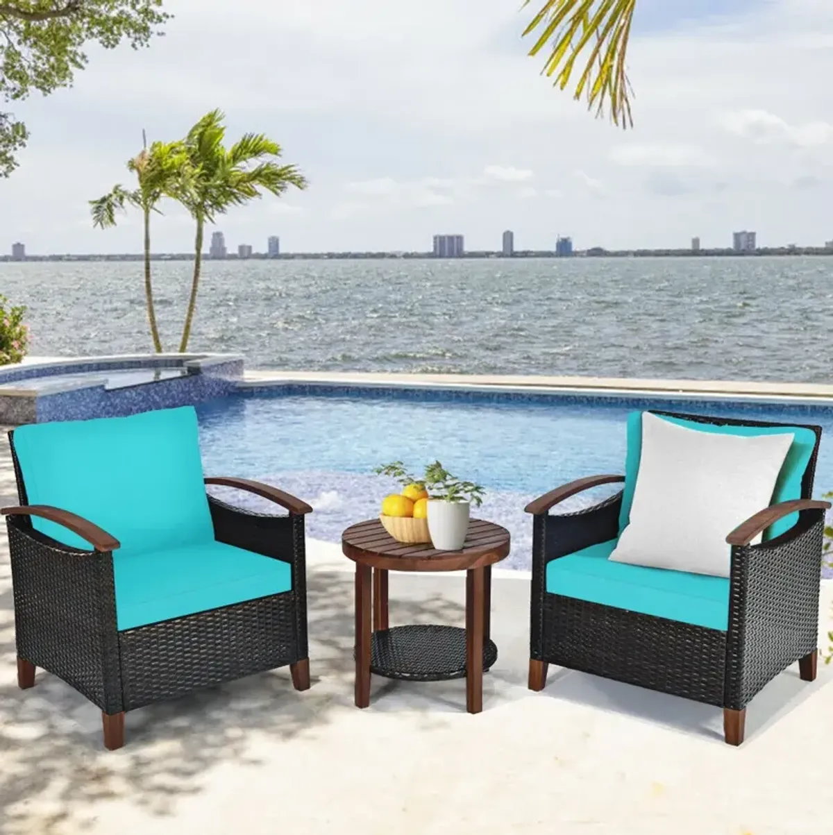 3 Pieces Patio Rattan Furniture Set with Washable Cushion and Acacia Wood Tabletop