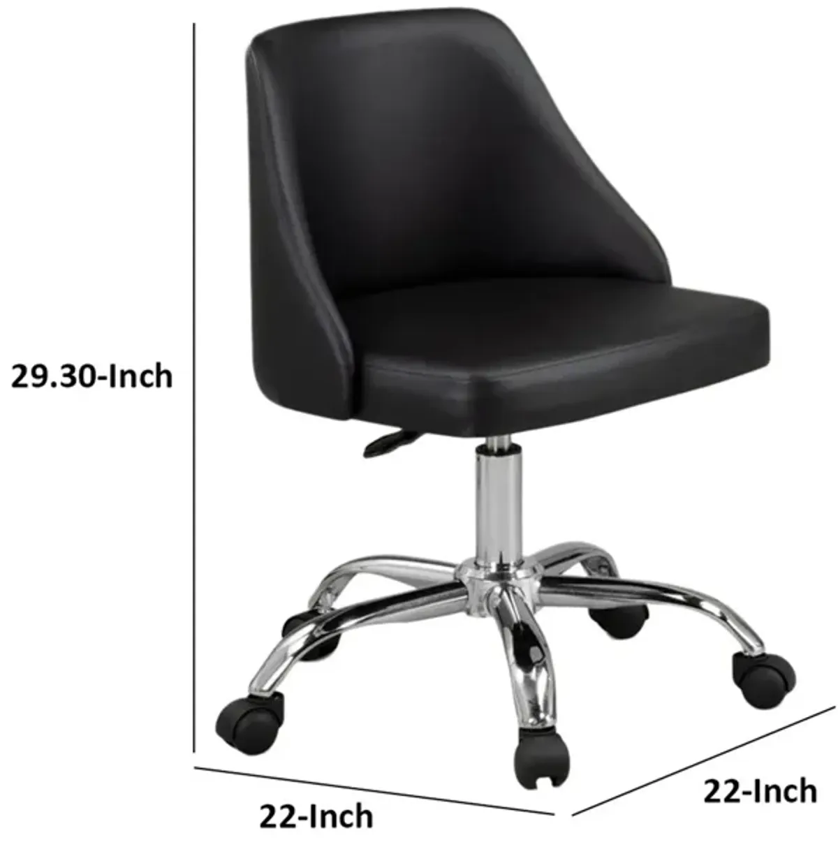 Yim 22 Inch Adjustable Swivel Office Chair, Black Faux Leather, Chrome Base - Benzara