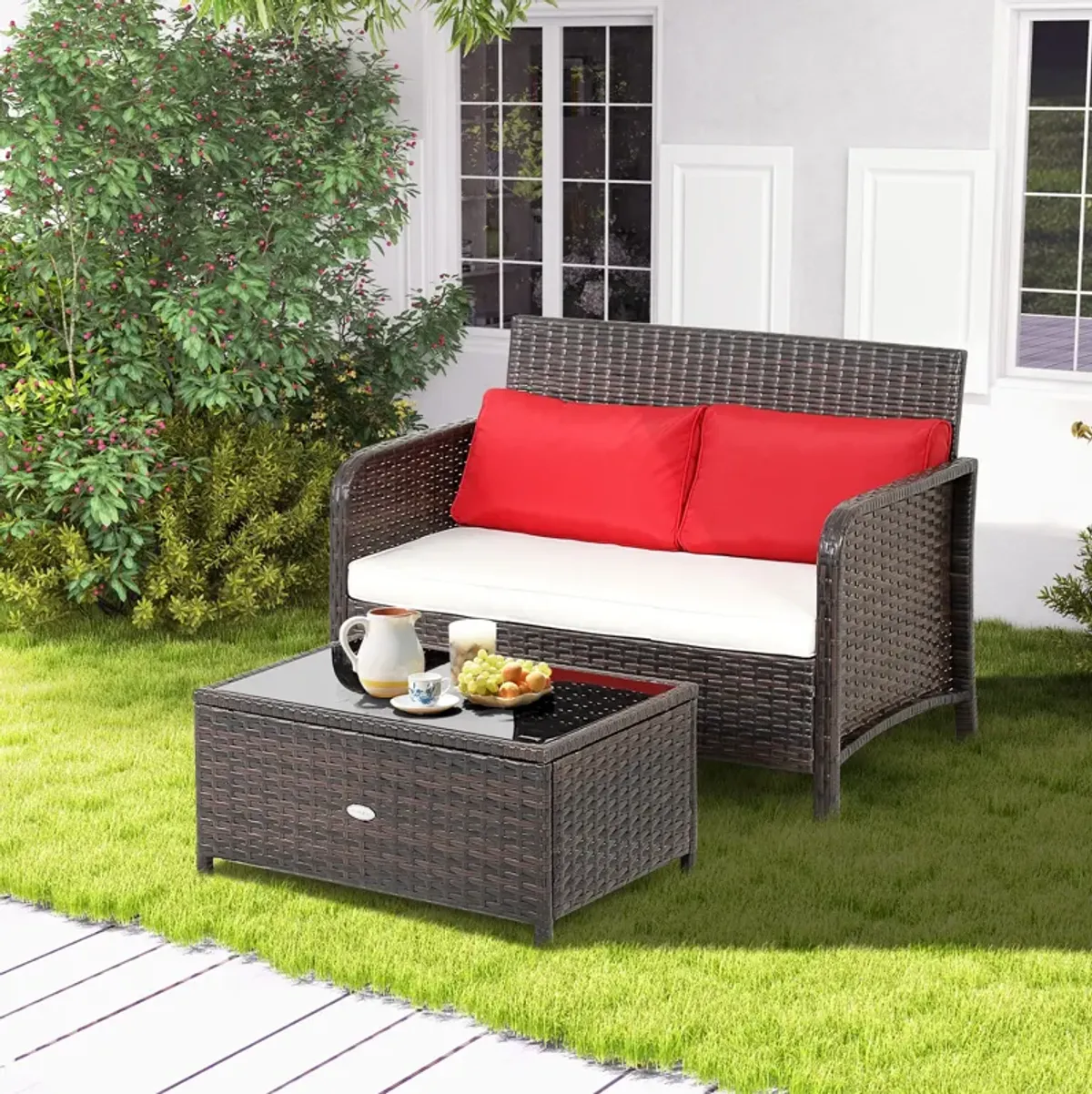 2 Pieces Cushioned Patio Rattan Furniture Set