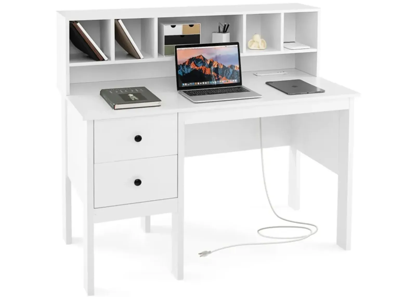 Hivvago 48 Inch Computer Desk with Drawers Power Outlets and 5-Cubby Hutch