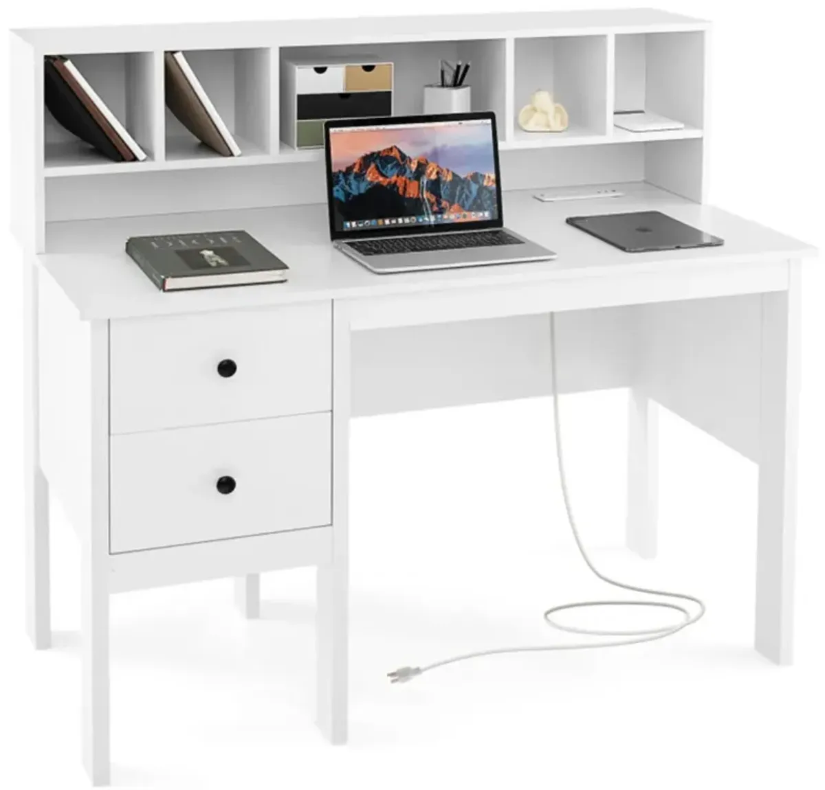 Hivvago 48 Inch Computer Desk with Drawers Power Outlets and 5-Cubby Hutch