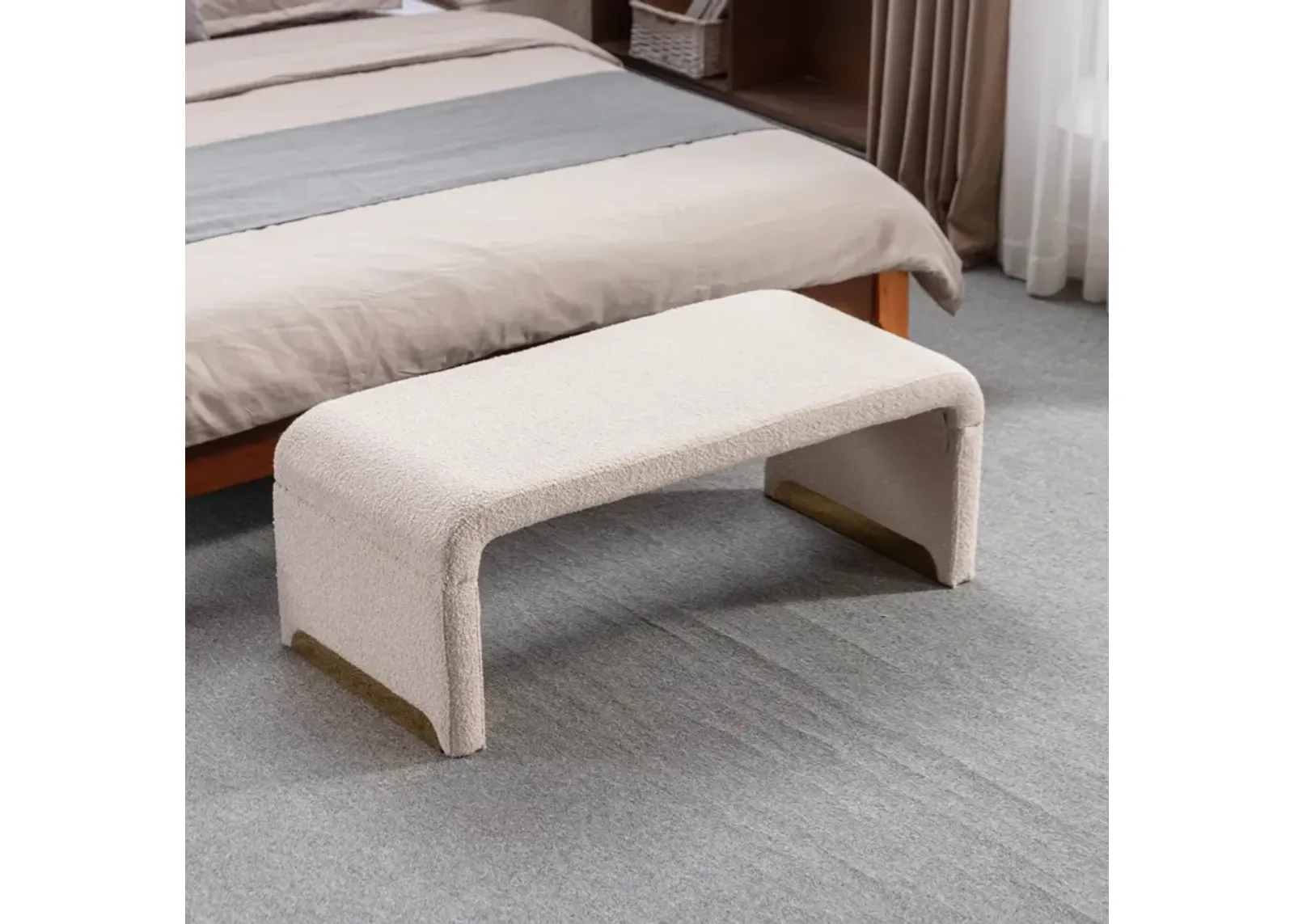 New Boucle Fabric Loveseat Ottoman Footstool Bedroom Bench Shoe Bench With Gold Metal Legs, Beige