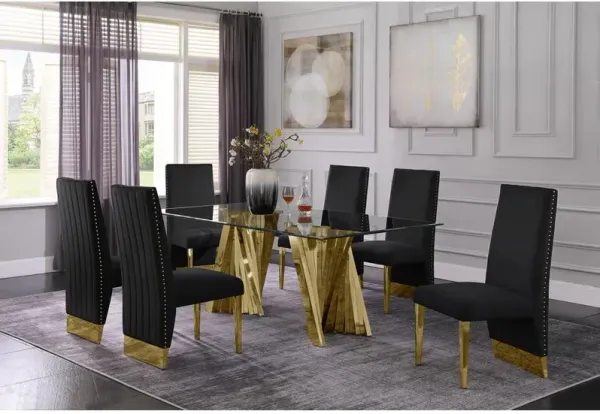 Classic 7pc Dining Set w/Pleated Side Chair, Glass Table w/ Gold Spiral Base, Black
