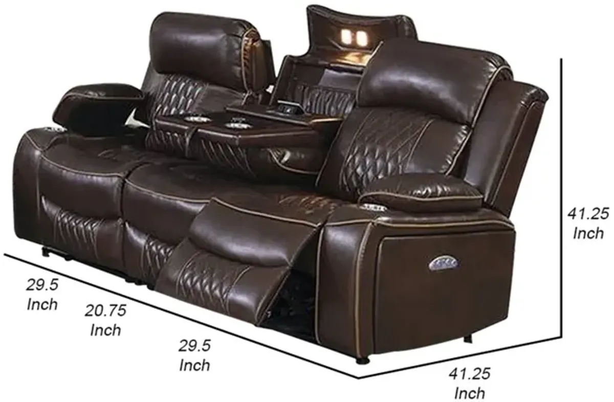 Seda 80 Inch Power Reclining Sofa, USB Port, Dark Brown Vegan Faux Leather - Benzara