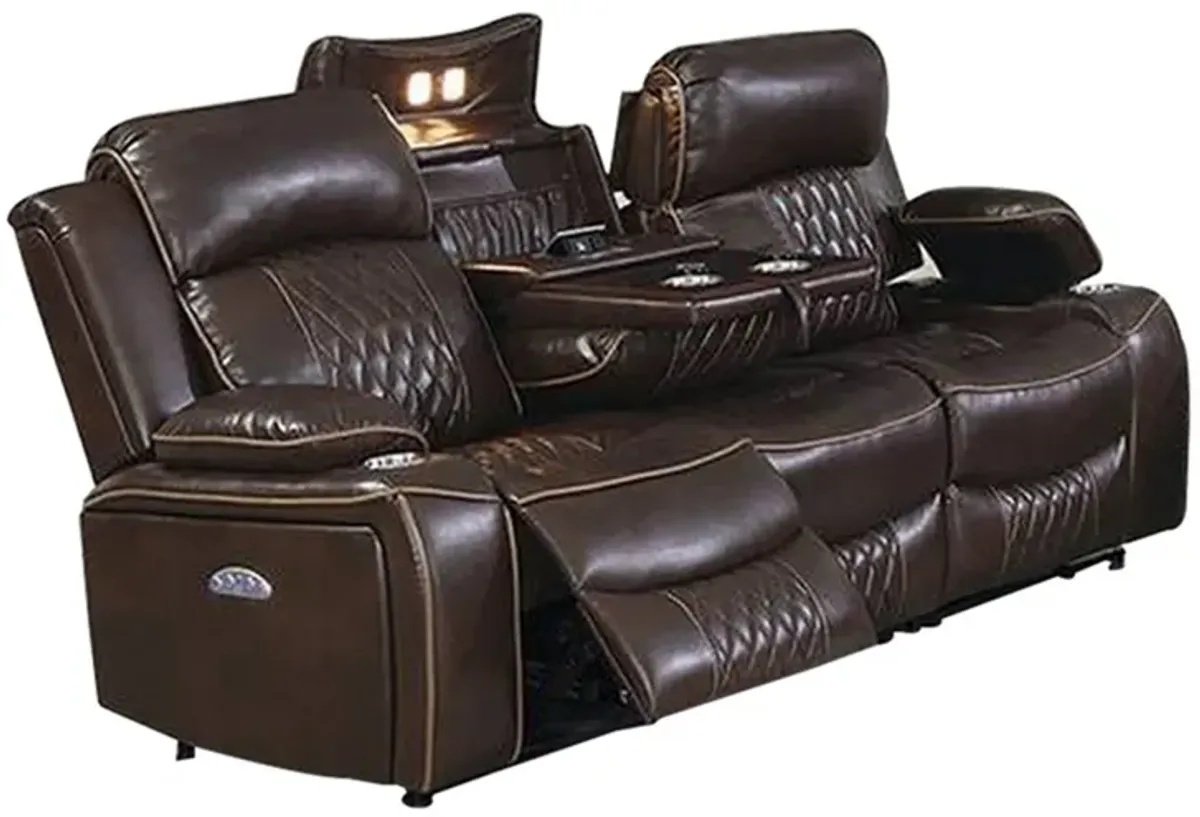 Seda 80 Inch Power Reclining Sofa, USB Port, Dark Brown Vegan Faux Leather - Benzara